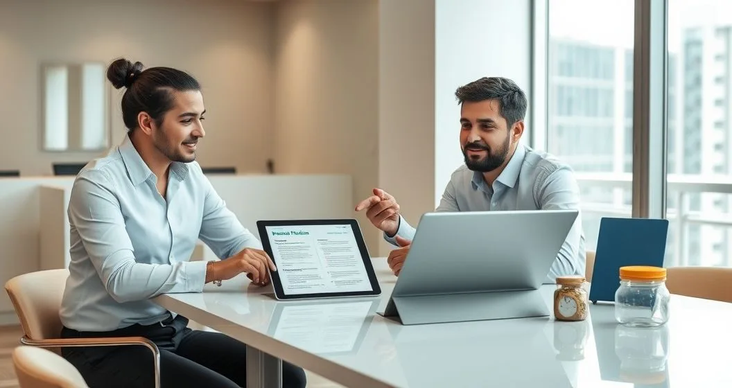 Financial advisor explaining an income protection plan to a diverse couple at a modern office table with a tablet, insurance folder with shield icon and a small savings jar visible