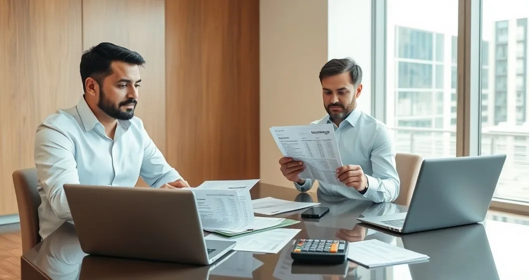 Self employed applicant and mortgage advisor reviewing tax returns profit and loss statement and bank records at a clean conference table