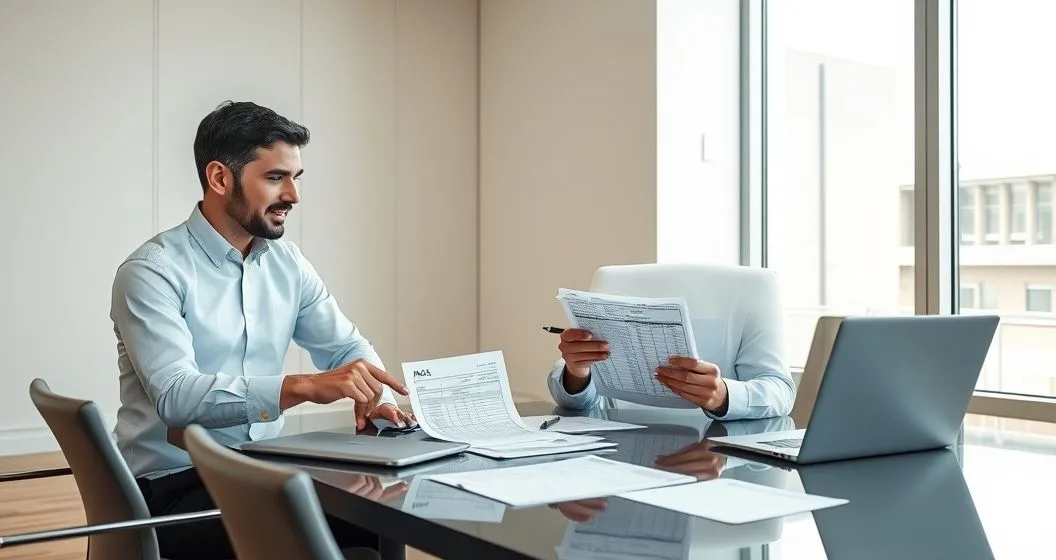 Small business owner and tax professional reviewing payroll records and forms at a modern conference table