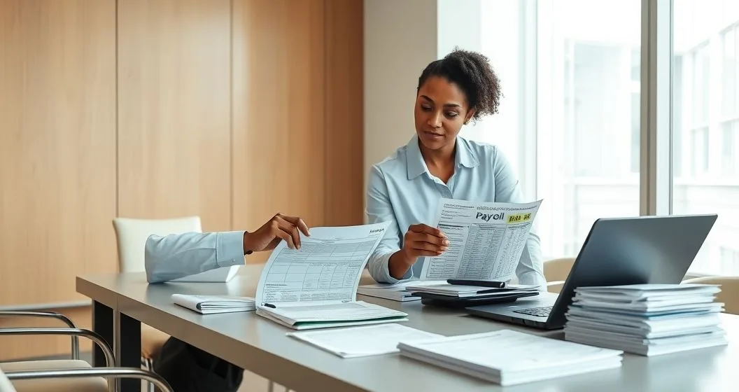 Two diverse payroll professionals at a conference table cross checking payroll registers, employee folders with W-4 and I-9 forms, and deposit receipts.