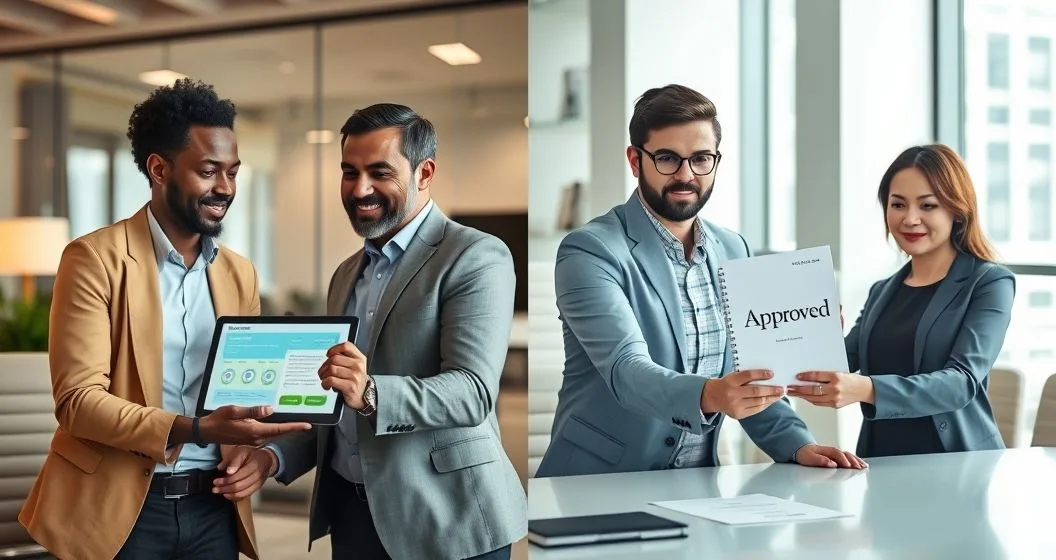 Split corporate office scene showing prequalification discussion on tablet on left and a loan officer handing a stamped loan commitment with appraisal and title documents on right