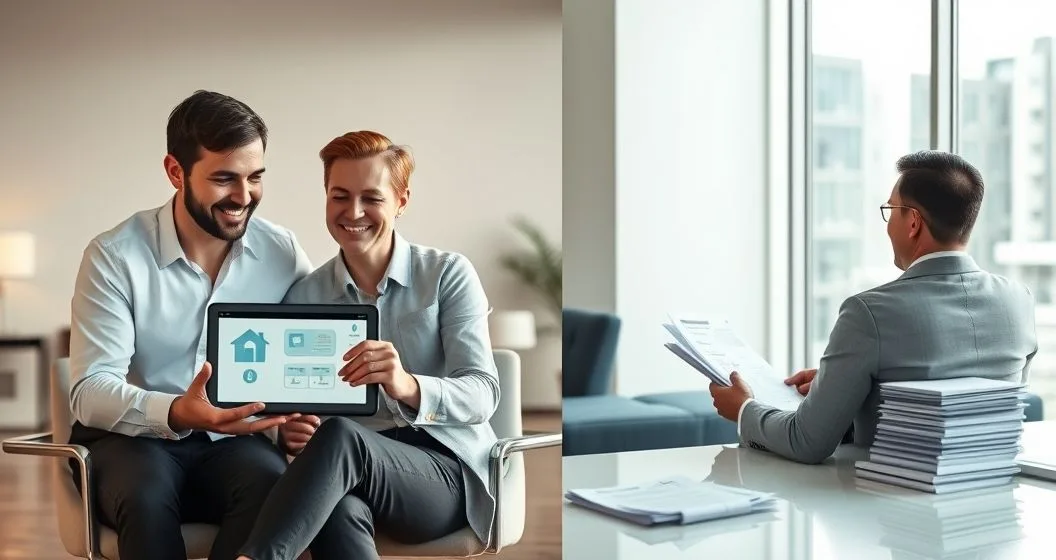 Mortgage advisor and client viewing tablet for prequalification while an underwriter reviews pay stubs tax returns and bank statements in a modern office