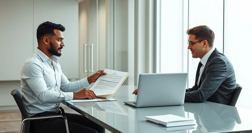 Tax advisor presenting a bound folder of evidence and a timeline to an IRS auditor with the client at a modern conference table