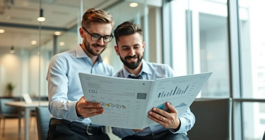 Loan officer and small business owner reviewing tablet and documents with charts and icons representing credit risk cash flow collateral industry and market factors in a modern office.