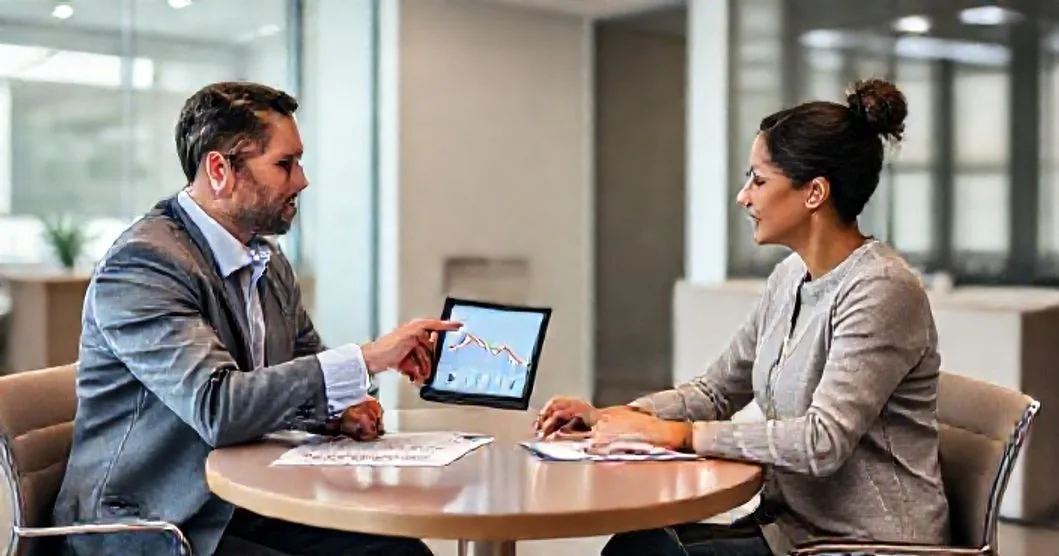 Loan officer points to tablet showing falling mortgage balance while homeowners review options in a modern office