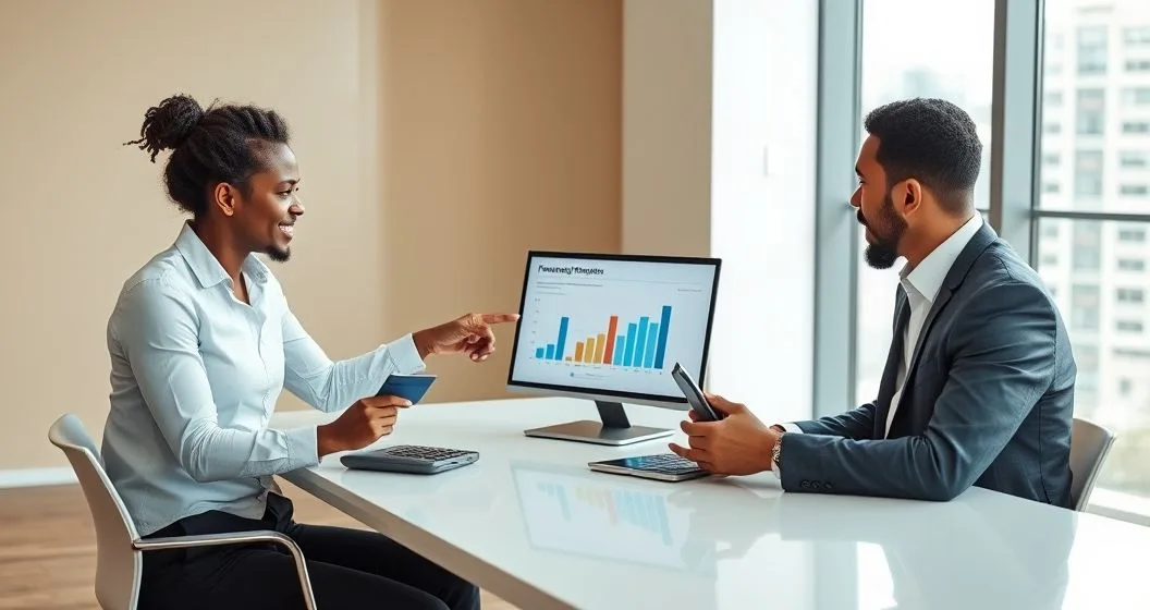 Financial advisor and client reviewing a side by side comparison chart on a laptop while the client holds a credit card and a calculator at a minimalist conference table