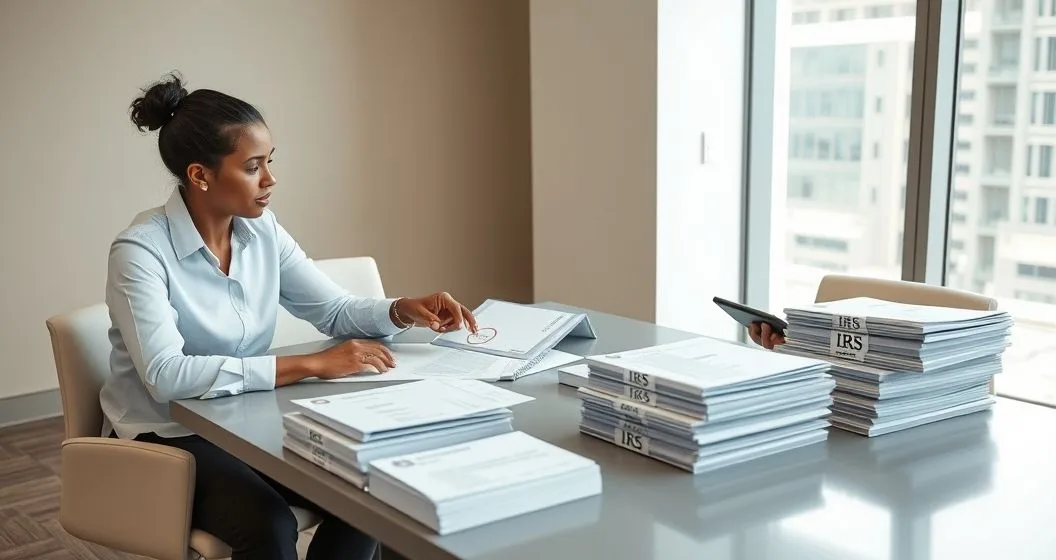 Tax professional and client reviewing organized IRS notices and a circled deadline on a document at a modern office table