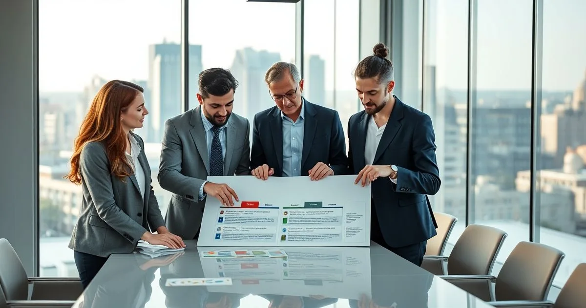 Advisor and two clients arranging color coded cards and a timeline on a conference table to prioritize financial goals