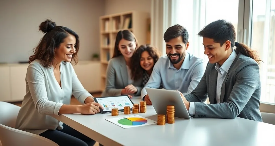 A diverse family and financial advisor around a minimalist table sorting color coded goal cards and stacking coins next to a tablet with a pie chart in a modern home office.
