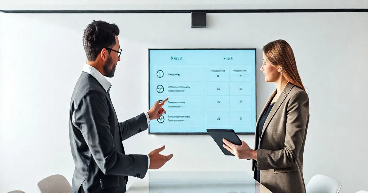 Financial advisor pointing to a Needs versus Wants board while a diverse couple reviews a budget tablet in a minimalist conference room.