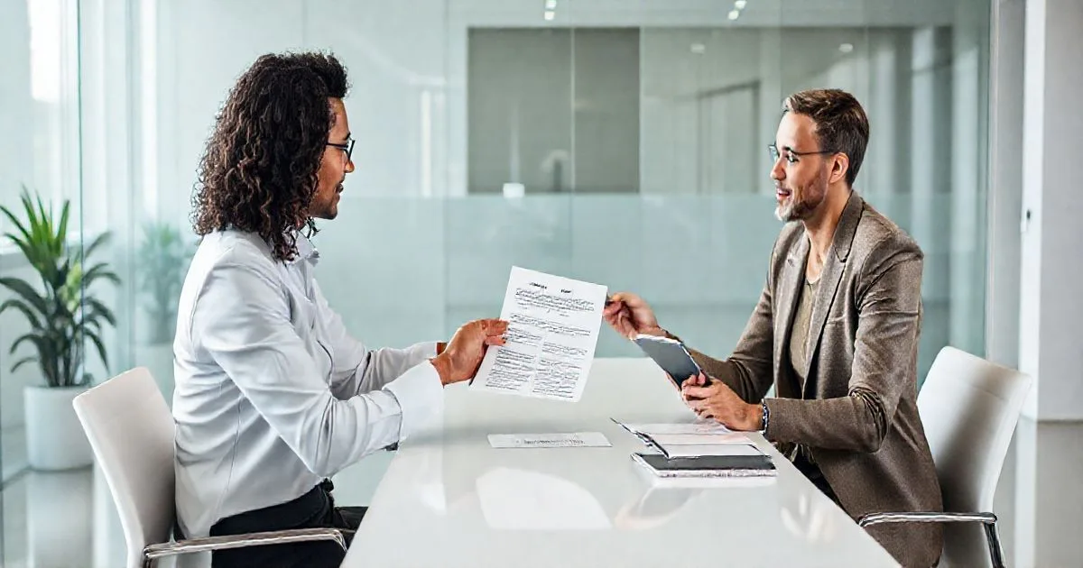 Lender and borrower at a conference table reviewing a hardship forgiveness agreement with documents and a laptop in a modern office.