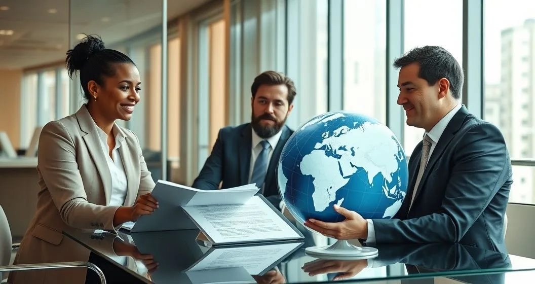 Advisors and client reviewing a bespoke life insurance binder and tablet showing globe with connecting lines in a modern conference room
