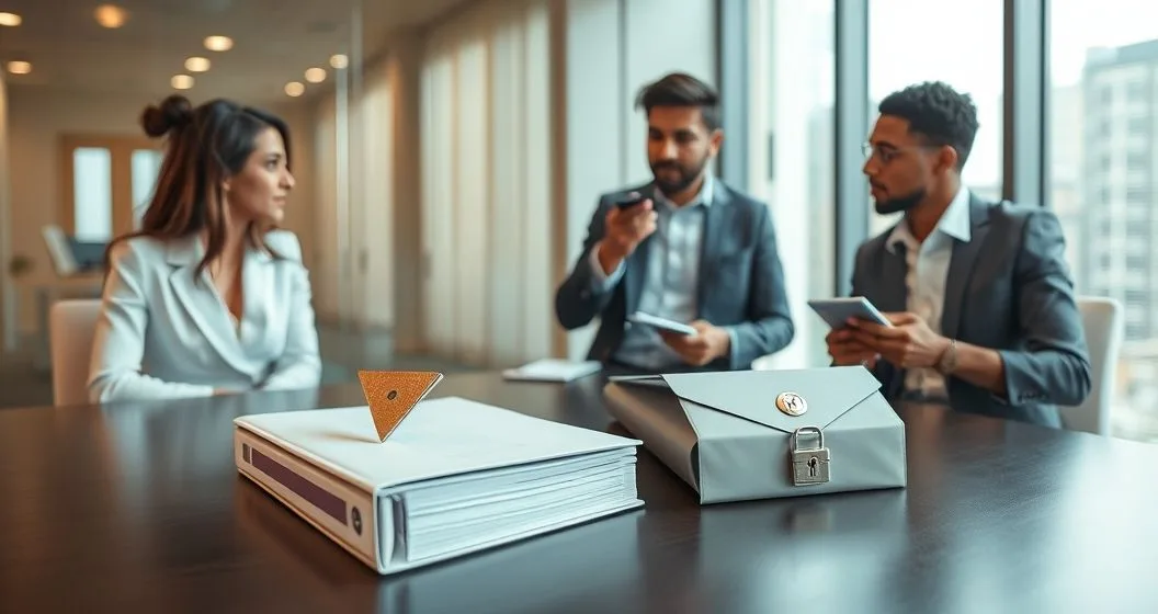 Advisor explaining three private student loan options to two borrowers using physical objects on a conference table representing refinance consolidation and staying with the current loan