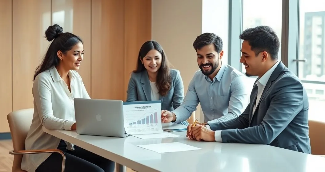 Family and loan officer reviewing loan comparison on a laptop and co borrower paperwork in a modern conference room
