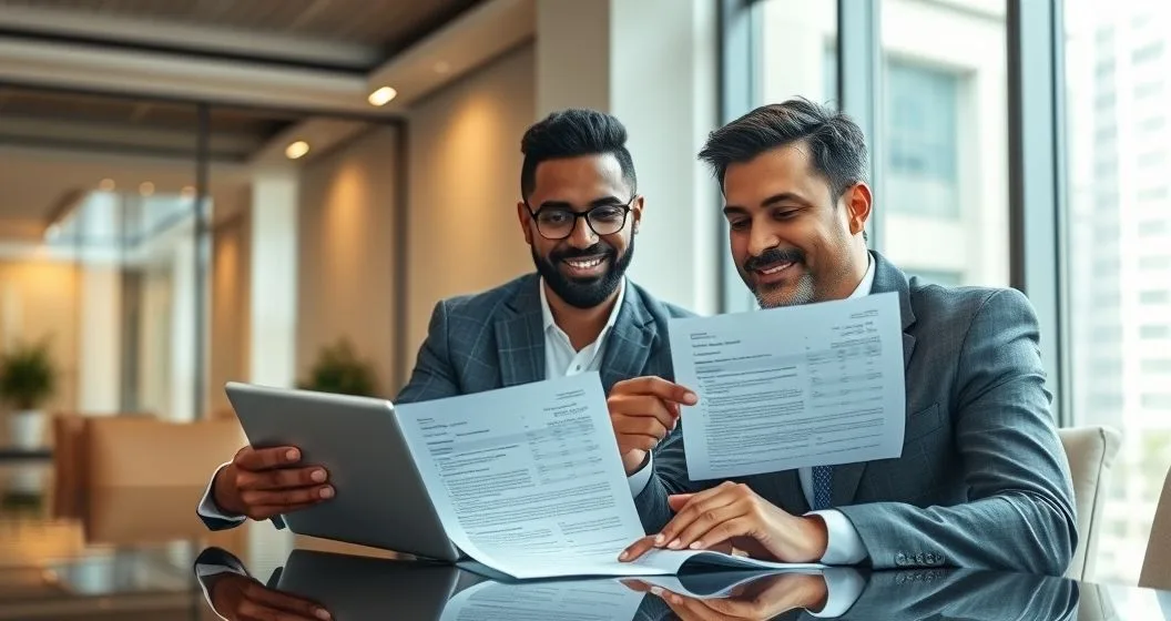 Borrower and financial advisor review loan offers on a tablet and sign refinancing papers in a modern office.