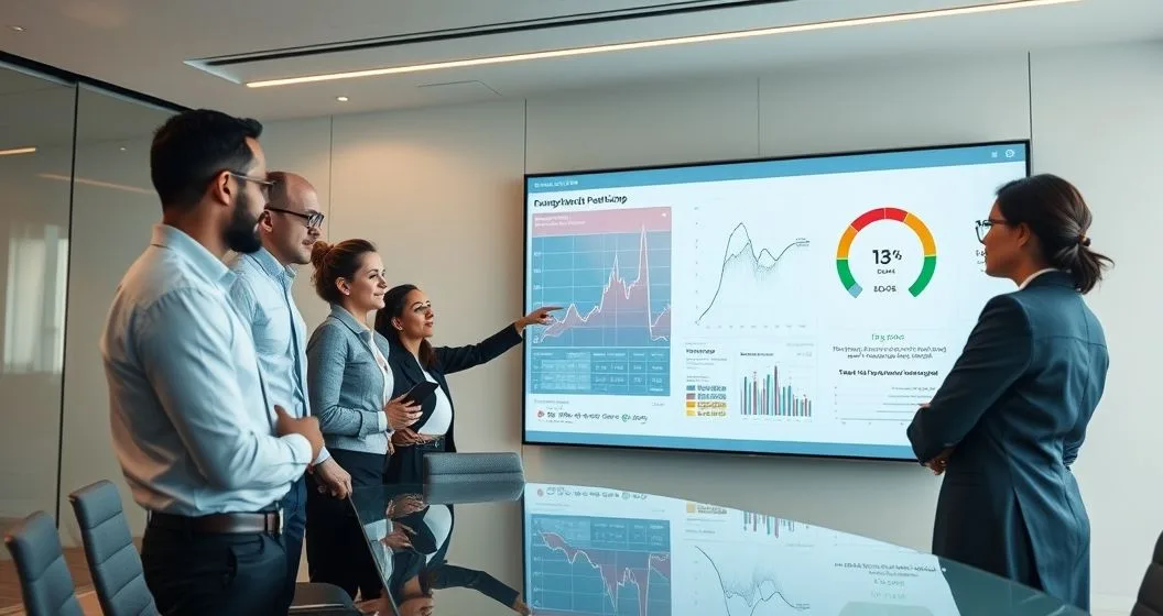 Diverse finance team reviewing probability of default models on a large screen showing a portfolio heatmap distribution and a risk gauge in a modern conference room