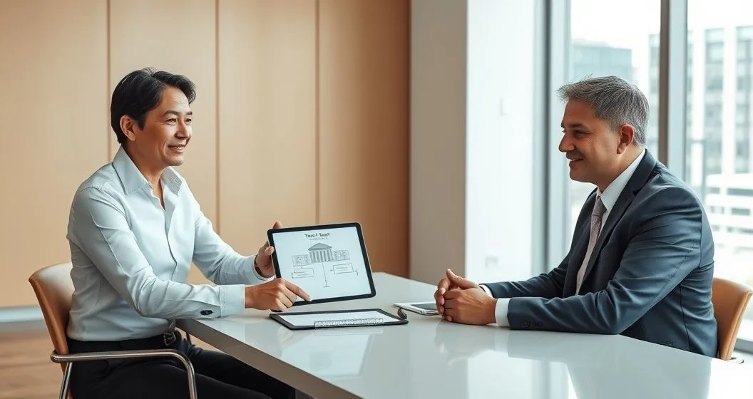 Estate planning attorney hands a sealed trust folder to a middle aged diverse couple across a minimalist conference table, tablet displays a simple flow diagram representing assets bypassing probate