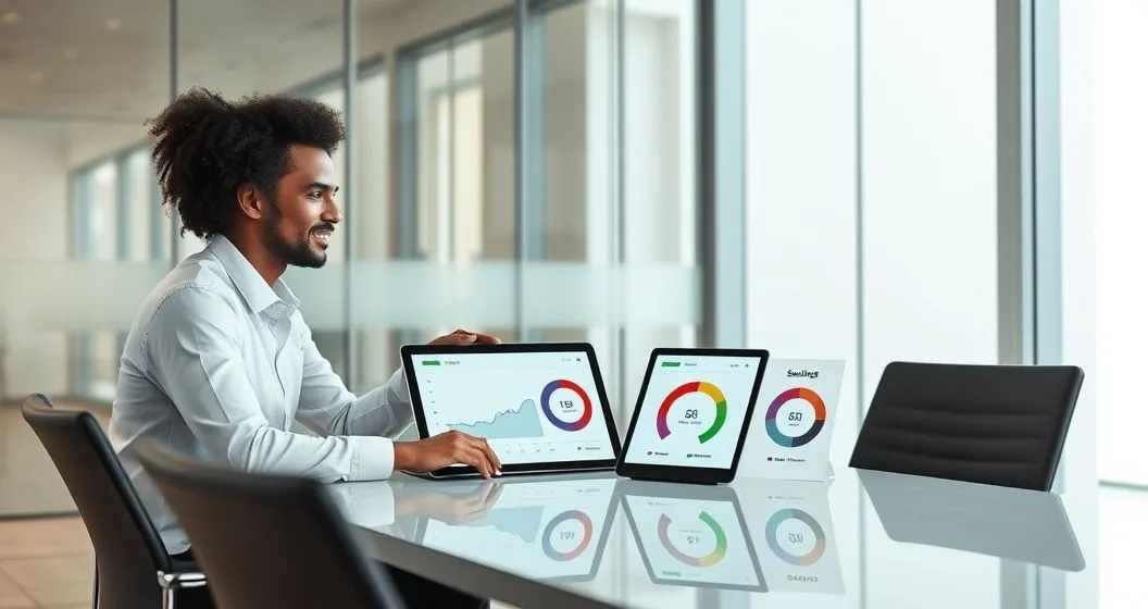 Financial advisor and client reviewing a tablet showing three visual metrics for cash flow savings rate and debt to income in a modern office.