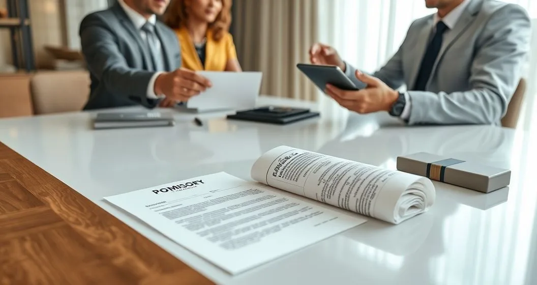 Two professionals and an attorney at a conference table with a promissory note and a borrower offering payment to resolve a default