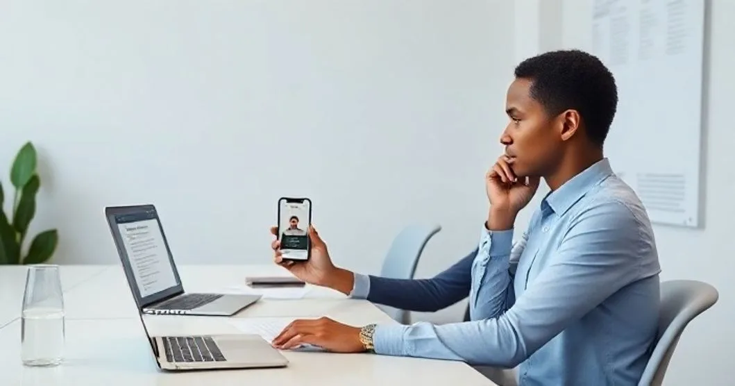 Professional verifying a suspicious message using a phone authenticator and laptop while on a call with a bank