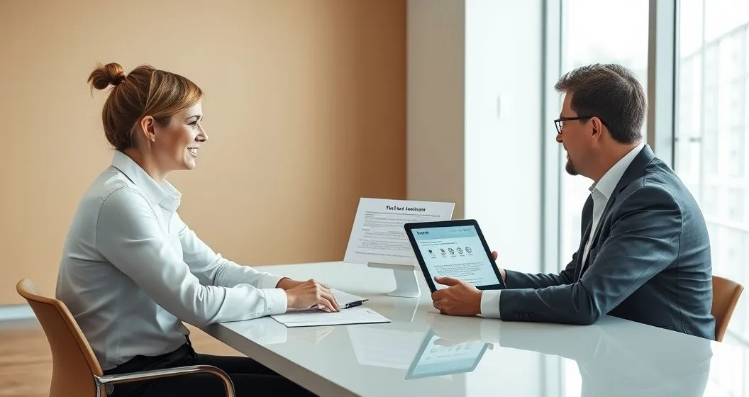 Estate attorney and guardian reviewing a trust timeline on a tablet with a parent in a modern law office