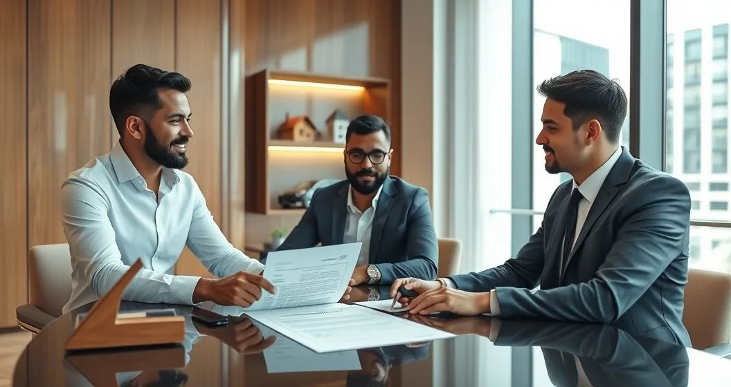 Business advisor pointing to formation documents and an insurance certificate as a small business owner listens with a house model and car keys blurred in the background symbolizing protected personal assets