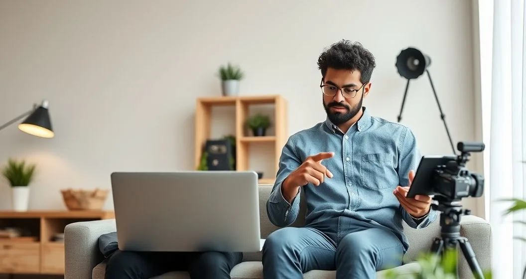 Freelancer meeting with insurance advisor at a home office reviewing a policy on a tablet with side hustle equipment nearby