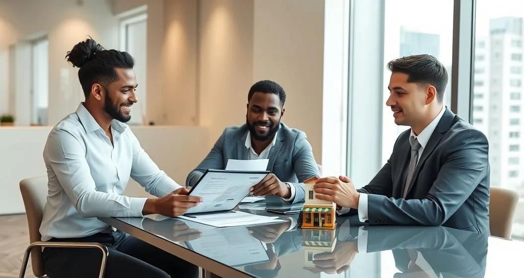 Small business owner and advisors review insurance documents and a service contract on a tablet at a modern conference table with invoices and a small storefront model