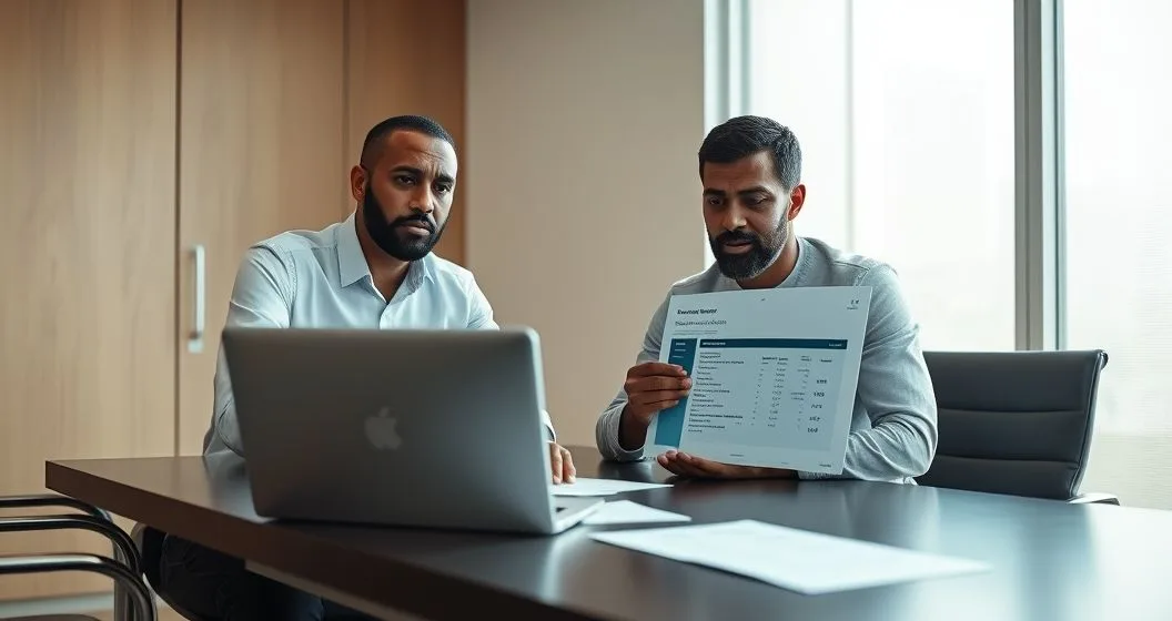 Tax advisor and client reviewing a flagged online tax account on a laptop with blurred personal documents on a clean conference table
