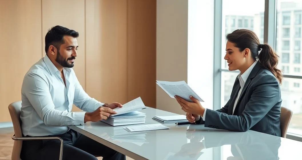 Tax attorney separates document stacks at a conference table with a couple and financial advisor in a modern office representing legal relief options