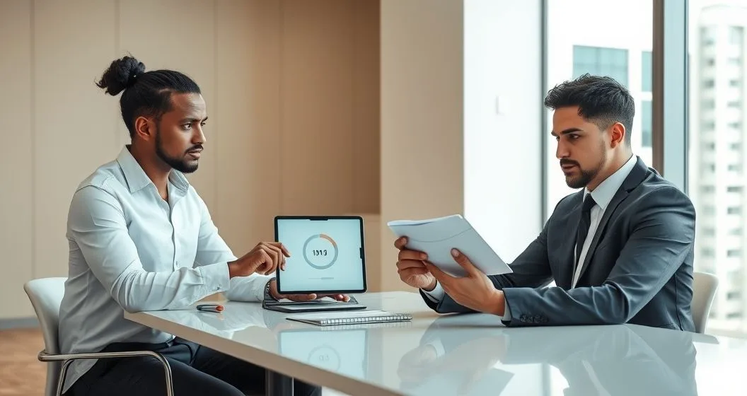 Tax advisor and client at a modern conference table with a tablet showing a circled calendar and a short countdown progress bar and an official looking envelope being handed over