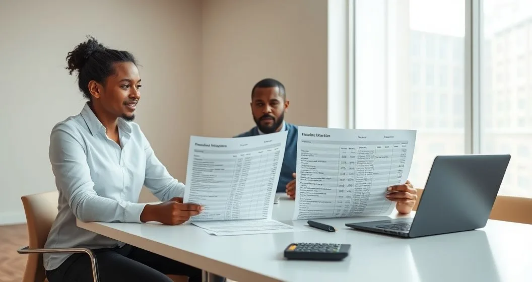 Client and financial advisor reviewing printed bank statements on a clean conference table, highlighted recurring expenses like rent utilities groceries and insurance visible but text blurred.