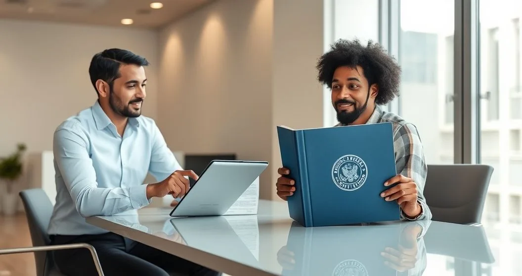 Financial advisor and homeowner review a tablet credit report while holding a sealed property title folder with an embossed government seal in a modern office.