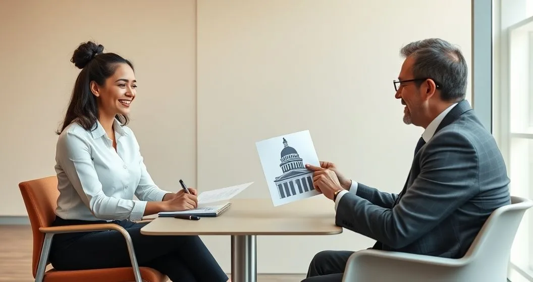 Teacher and public service worker meeting a financial counselor in a minimalist office signing a loan forgiveness document