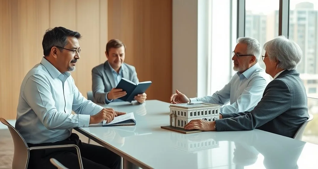 Financial advisor and estate attorney meet with an older couple at a conference table reviewing a portfolio folder and a small model of a startup to plan QSBS estate and tax strategy