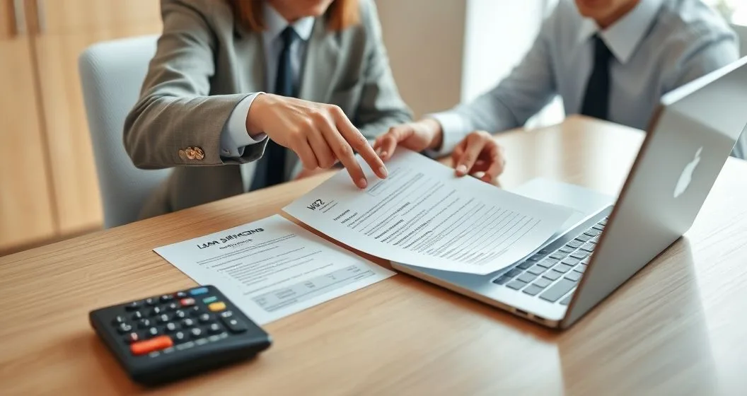Loan officer and borrower reviewing a W-2 1099 and bank statement on a clean office desk