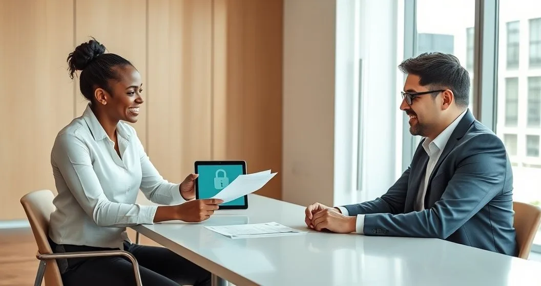 Mortgage advisor shows locked padlock icon on tablet to homeowner over refinance documents in modern office