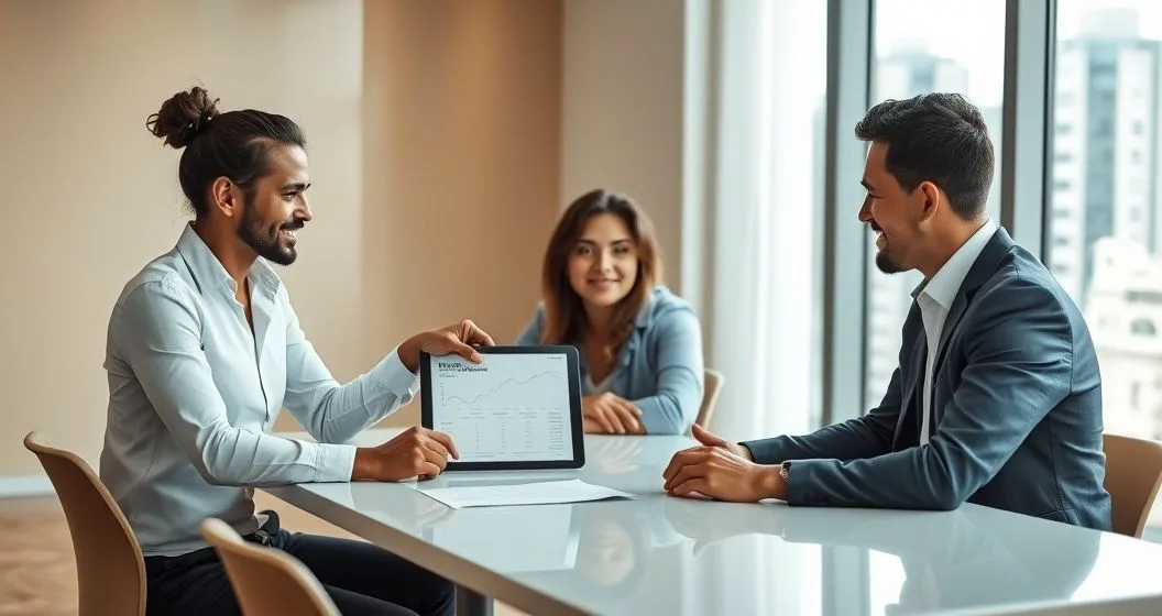 Mortgage advisor points to a tablet comparing current loan and a new rate and term refinance for a diverse couple in a modern office