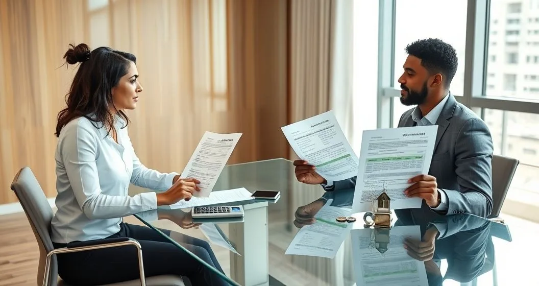 Mortgage advisor and homeowner compare two loan scenarios at a glass table one showing lower payments with a calculator the other showing cash and house keys representing cash out