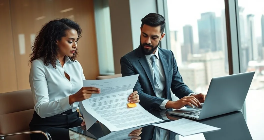 Two tax professionals review a redlined legislative bill and a digital redline on a laptop in a modern conference room