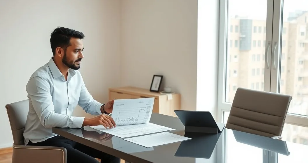Financial advisor pointing at income statement balance sheet and cash flow statement as client takes notes