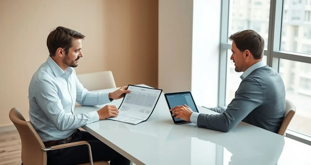 Advisor and client review a loan statement with three highlighted sections on a tablet and printed paper representing principal interest and fees