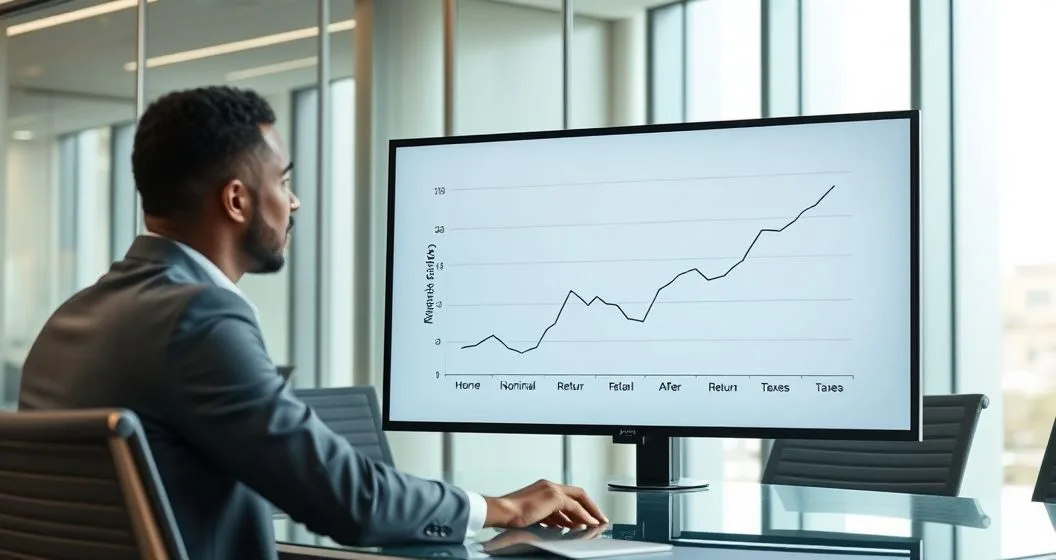 An analyst and client look at a monitor showing two lines where the lower line reflects returns after inflation and taxes