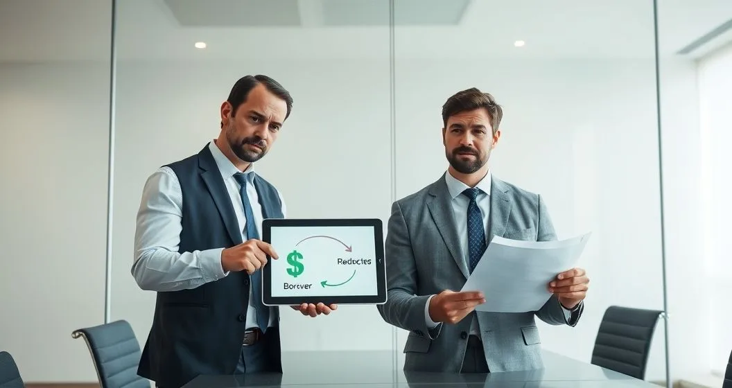 Lender and borrower in a conference room reviewing a tablet showing redirected loan funds and loan documents