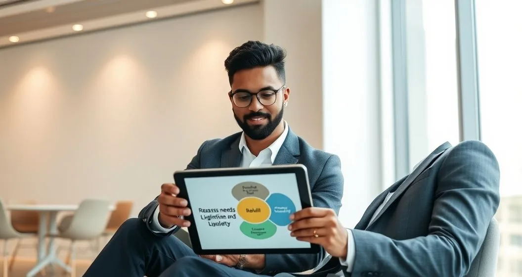 Financial advisor and diverse client reviewing a tablet with a three part diagram representing reassess needs liquidity and rebuilding an emergency fund in a modern conference room