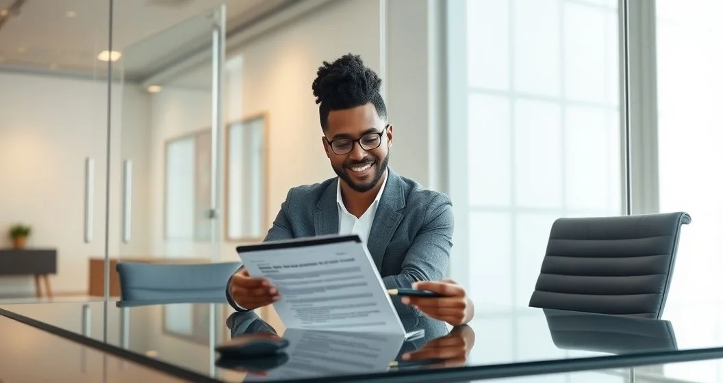 Financial advisor and borrower at a glass table reviewing a repayment plan on a tablet with a checklist and calculator in a modern office
