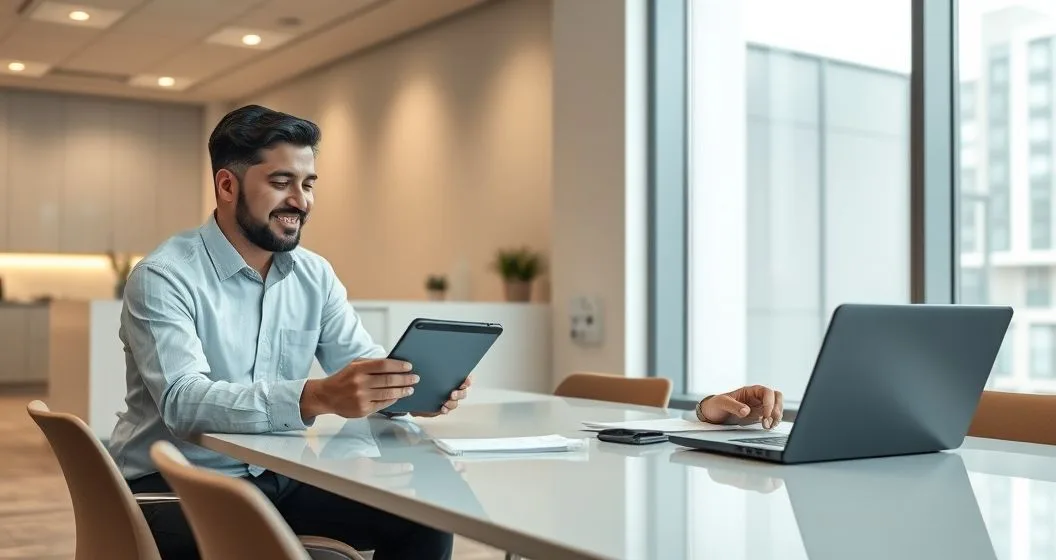 Mortgage advisor and homeowner at a modern conference table making a lump sum payment on a tablet while advisor recalculates amortization on a laptop