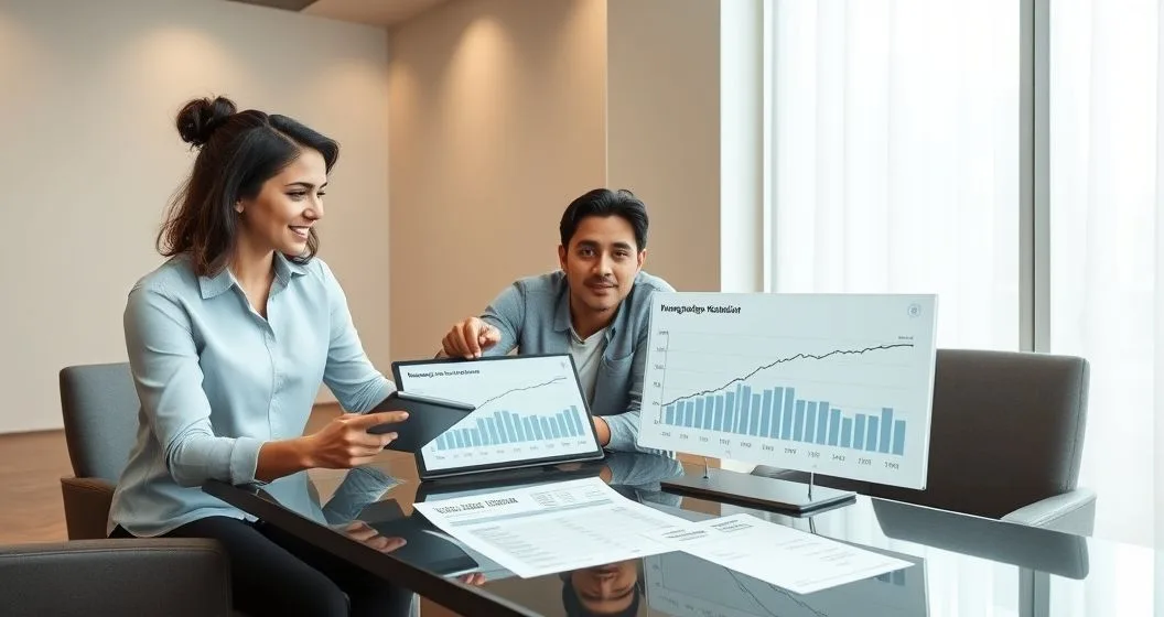 Mortgage advisor and couple comparing two loan visualizations showing a lump sum reducing principal and an extended amortization lowering monthly payments