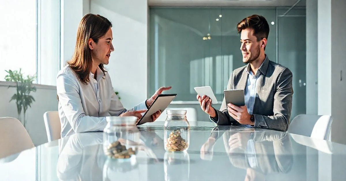Financial advisor points at a tablet budget graphic while a client holds a luxury purchase and a nearly empty savings jar sits on the table