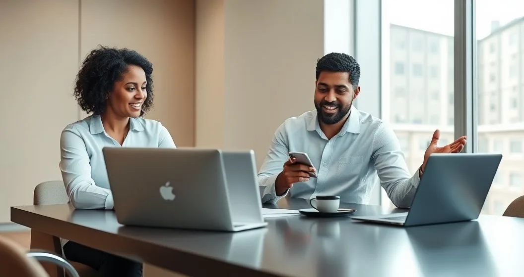 Financial advisor pointing to a laptop screen with a suspicious message while a client looks concerned in a modern office